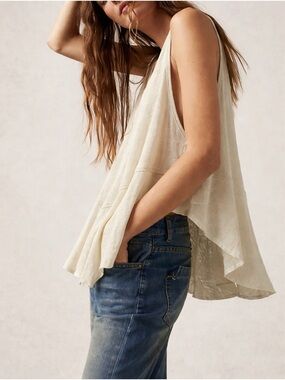 Free People We The Free Rosie Drop Waist Tank XS Tidal Foam Linen Blend Ruffled